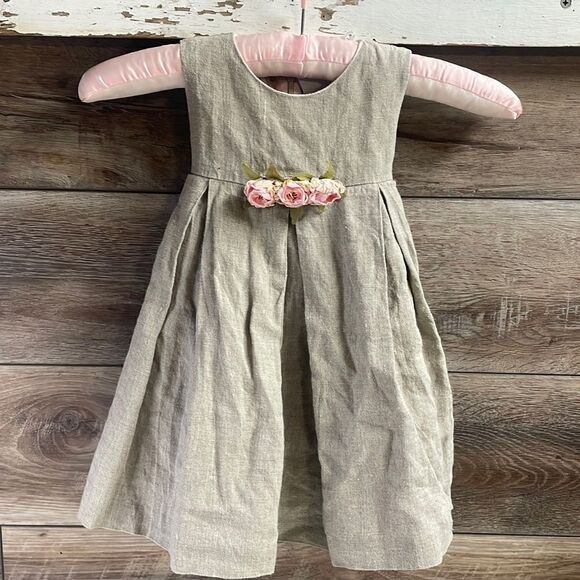 Cottontail Originals Girls Linen Vintage Dress Sz 18mths Gray Pink Attached Slip - Picture 2 of 7
